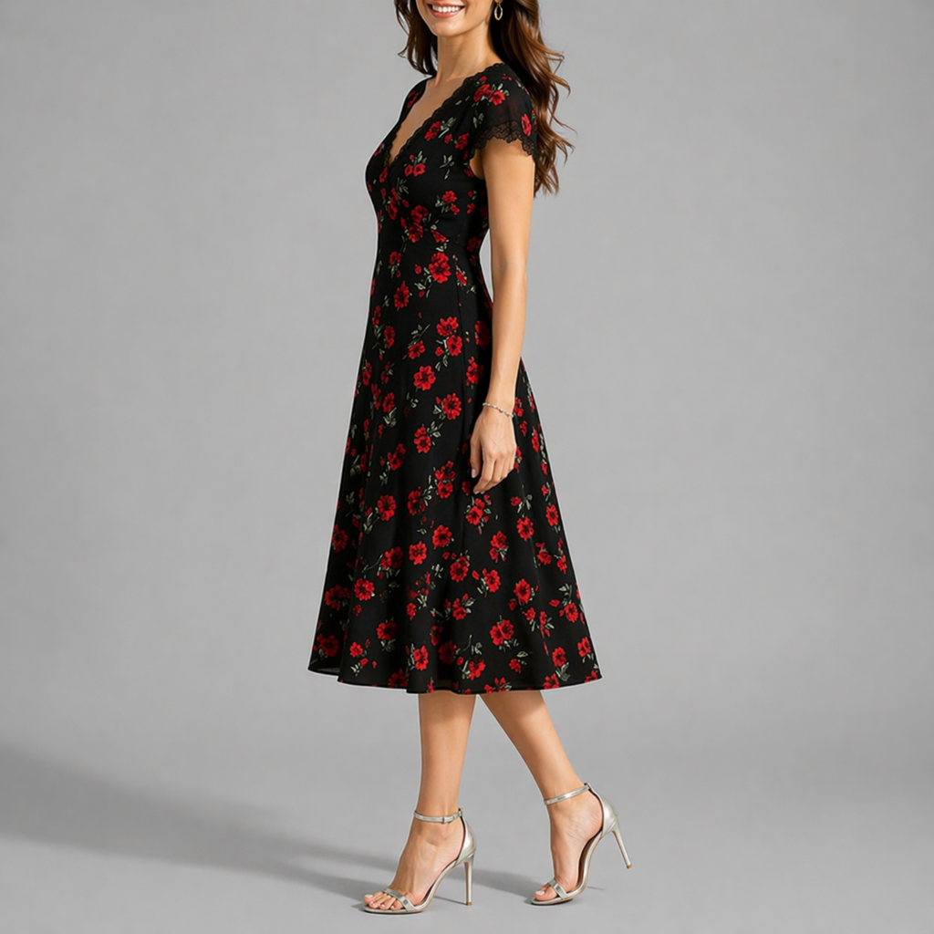Women’s Black Floral Midi Dress with V-Neck