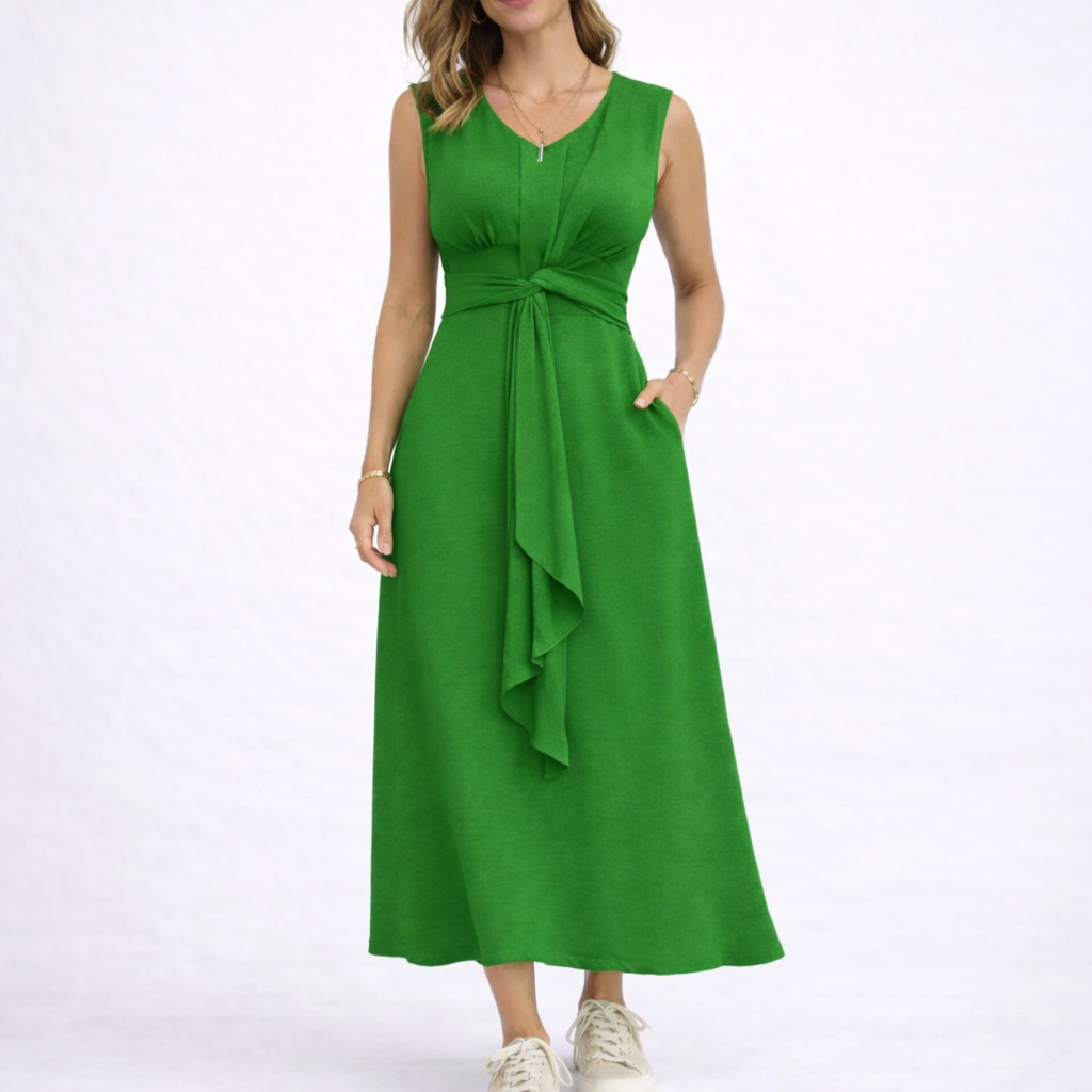 Elegant Sleeveless Midi Dress with Waist Tie Detail