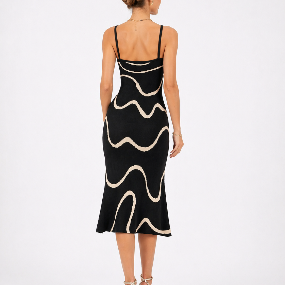 Women’s Black Sleeveless Knit Midi Dress with Mermaid Hem