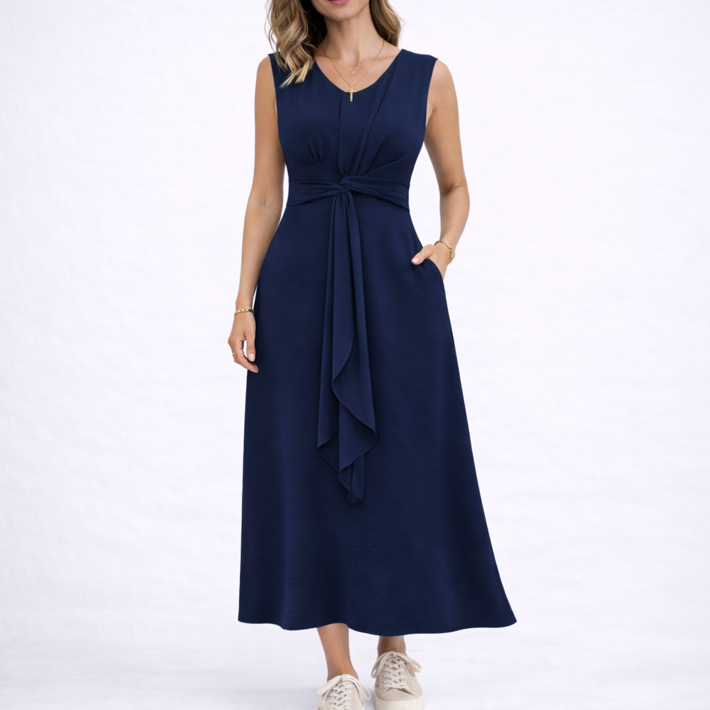 Elegant Sleeveless Midi Dress with Waist Tie Detail
