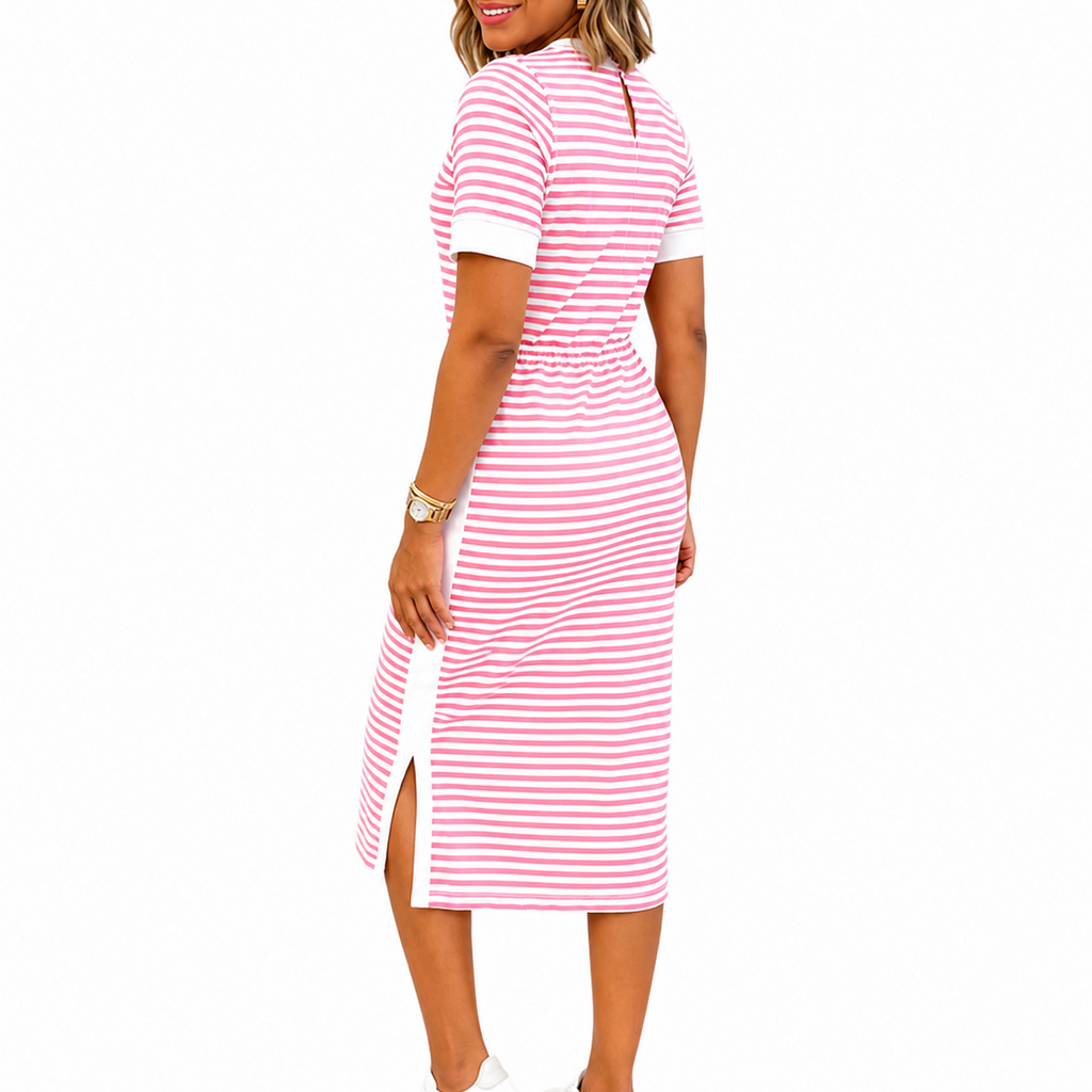 Women’s Black and White Striped Midi T-Shirt Dress