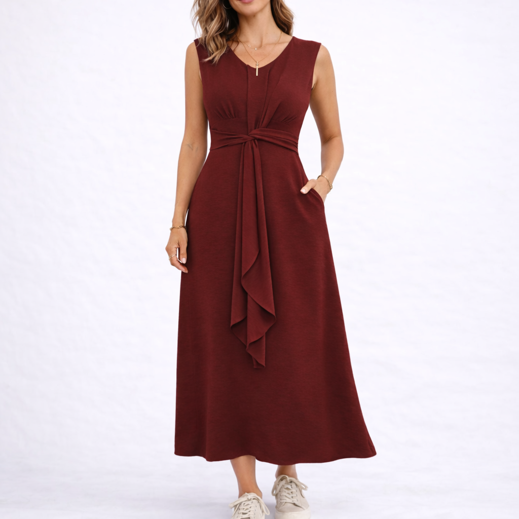Elegant Sleeveless Midi Dress with Waist Tie Detail