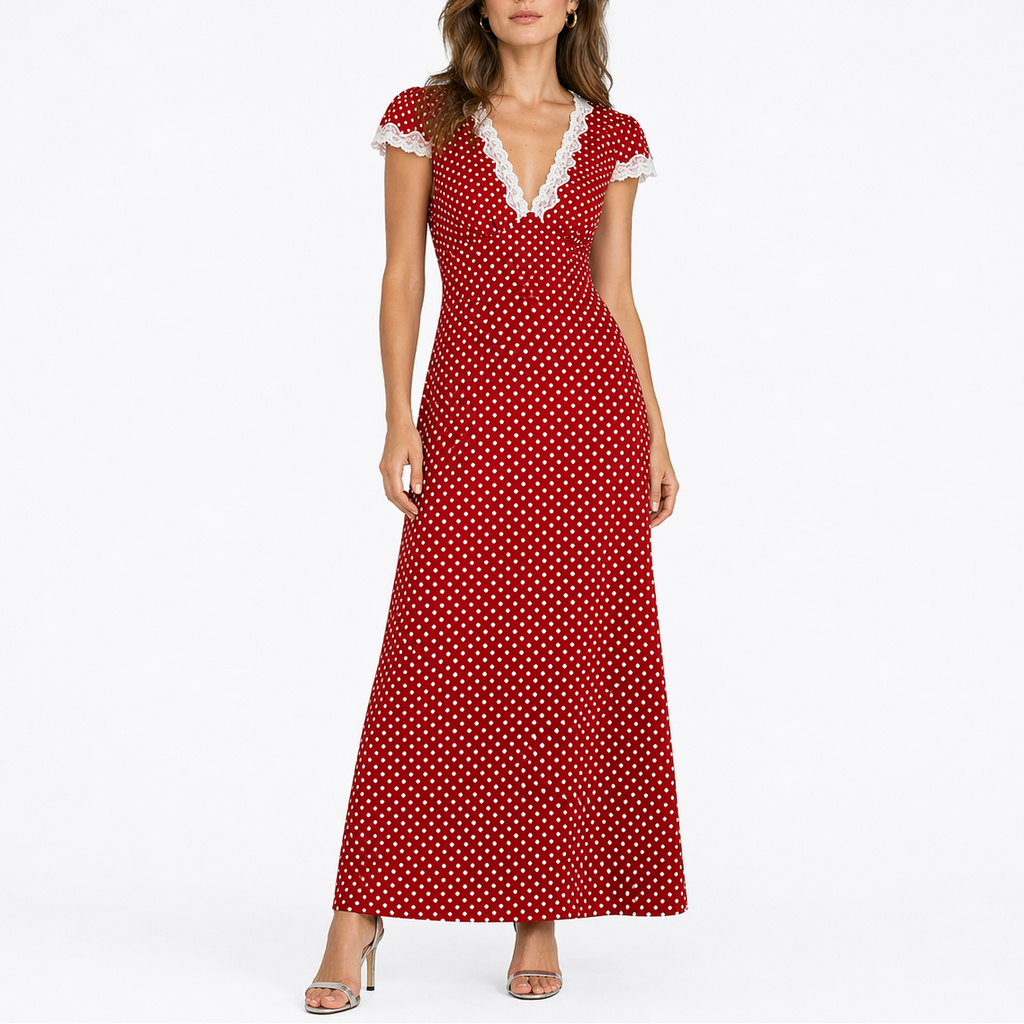 Women’s Summer Polka Dot Midi Dress with Lace Trim V-Neck