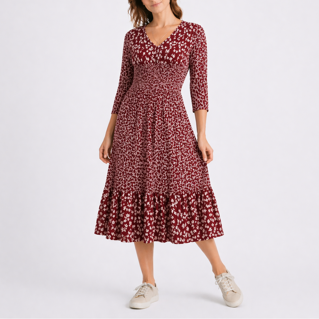 Women’s Floral Midi Dress with V-Neck and Smocked Waist