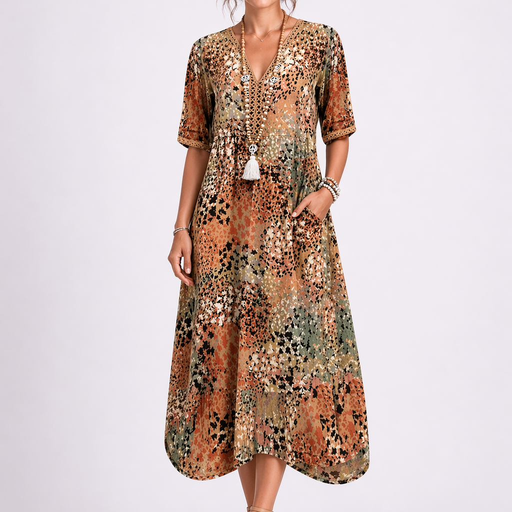 Women’s Summer Floral Midi Dress with V-Neck