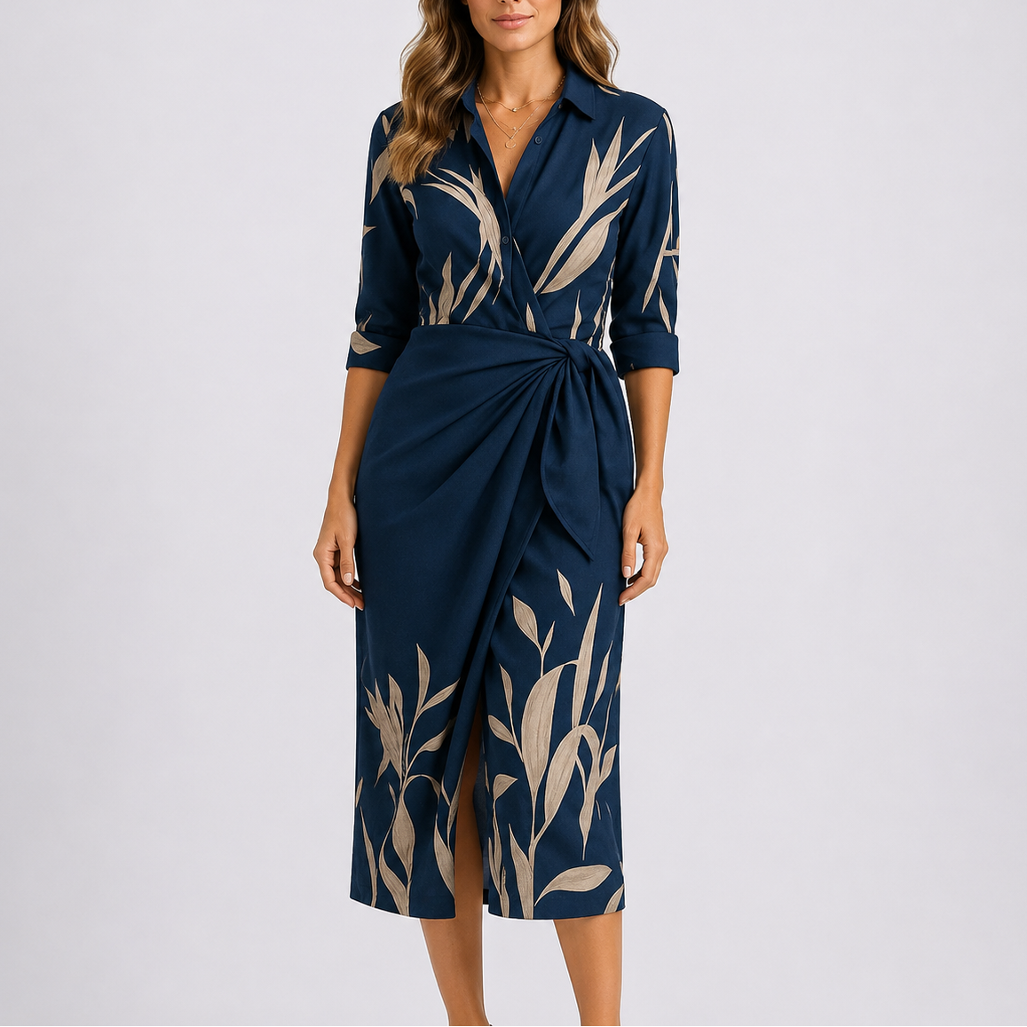 Women’s Casual Elegant Midi Dress – V-Neck Tie Waist Wrap Dress