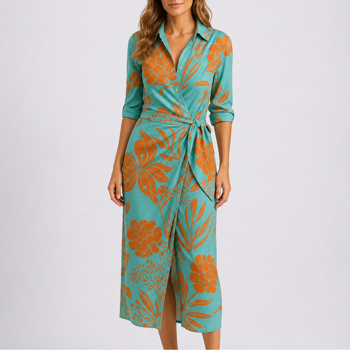Women’s Casual Elegant Midi Dress – V-Neck Tie Waist Wrap Dress