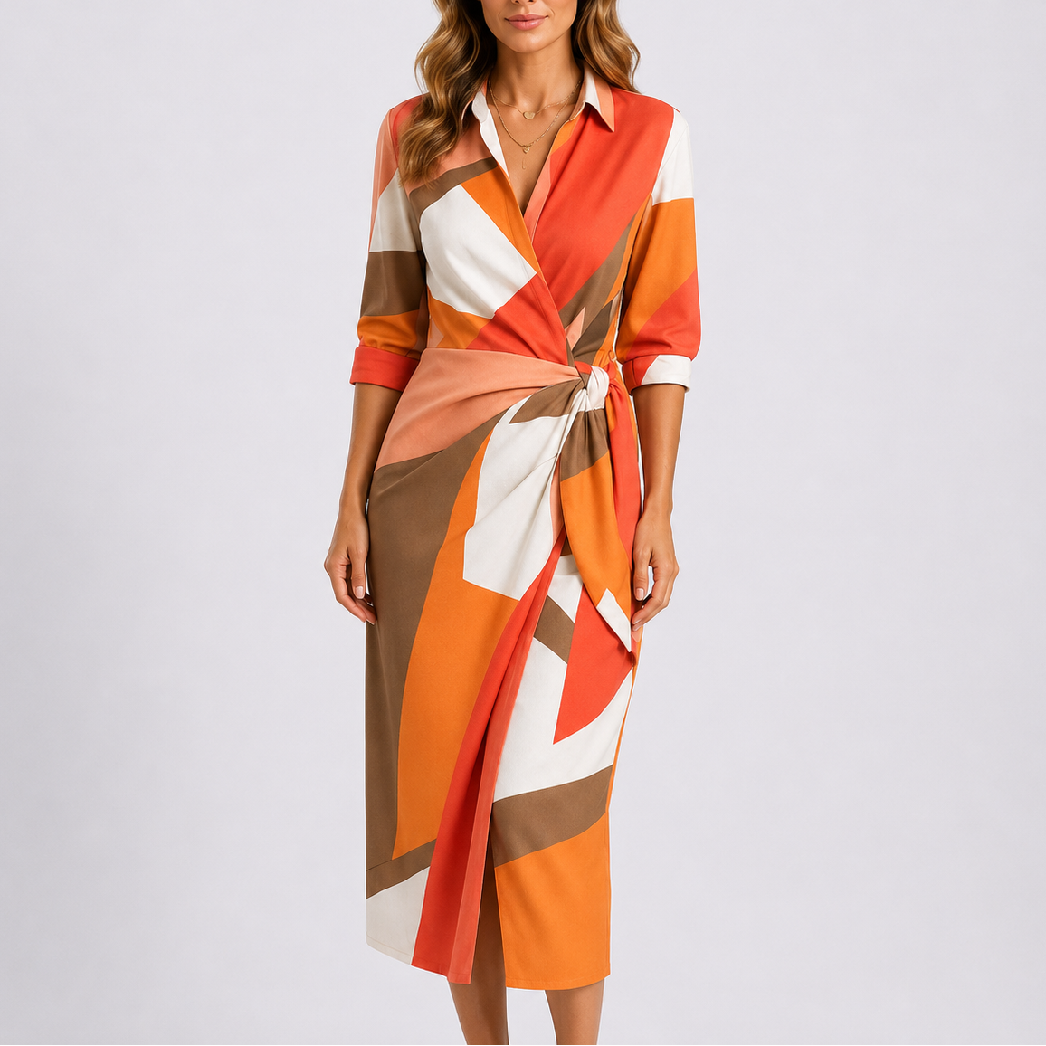 Women’s Casual Elegant Midi Dress – V-Neck Tie Waist Wrap Dress